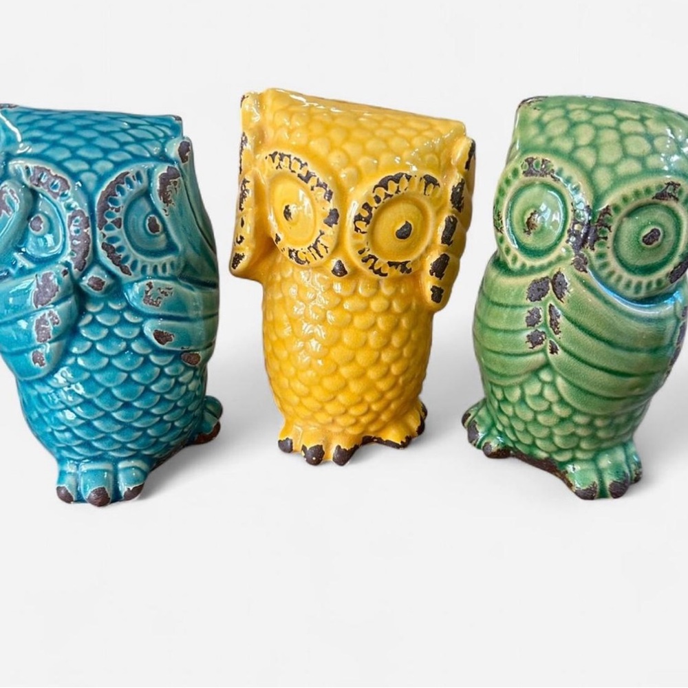 Pier One Ceramic Owl Figurines Set of 3 Hear See Speak No Evil Blue Green 6”